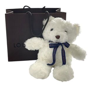Fluffy White Teddy Bear with Navy LV Ribbon & Shopping Bag